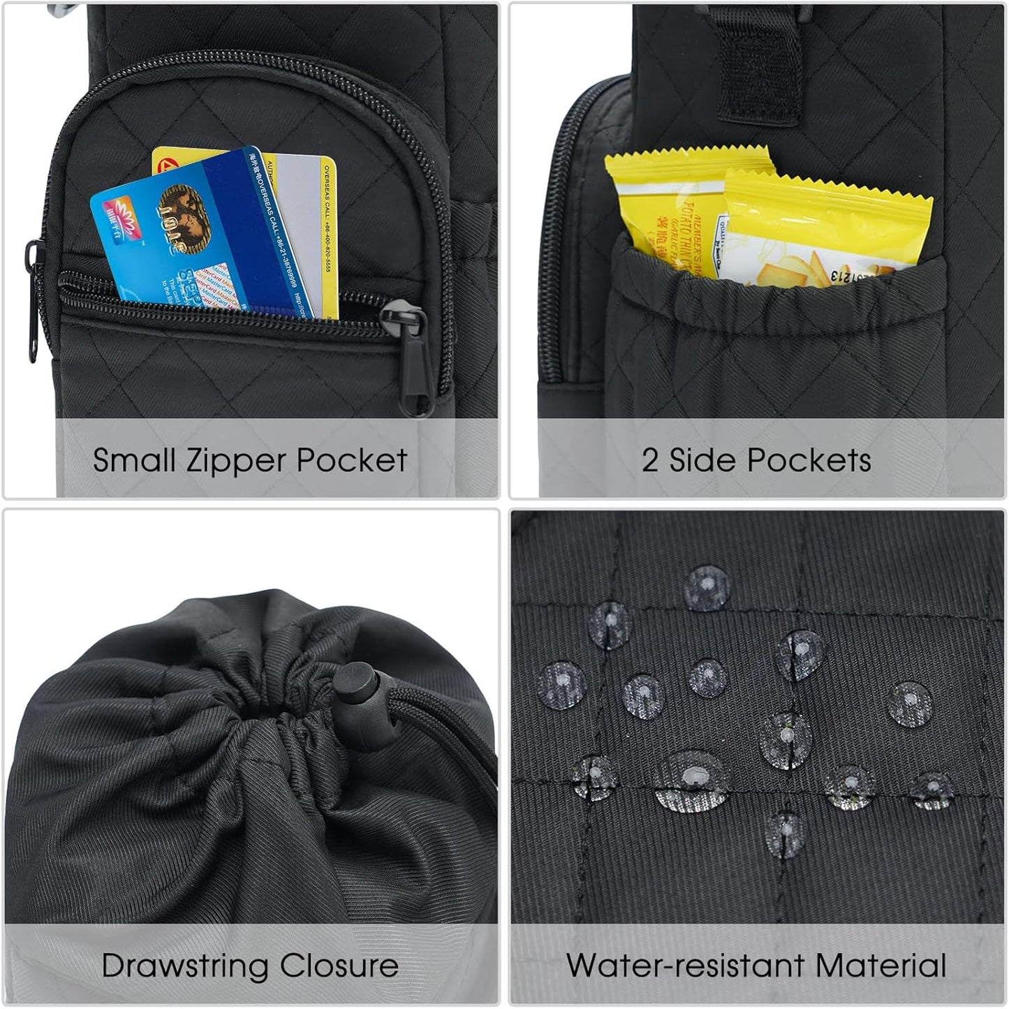 40oz Insulated Crossbody Water Bottle Bag Gym Hiking Phone Pocket | Water-resistant Lining, Padded Strap, Top Handle, Drawstring, Phone Pocket, Elastic Slots, Built-In Key Clip for Gym Walking