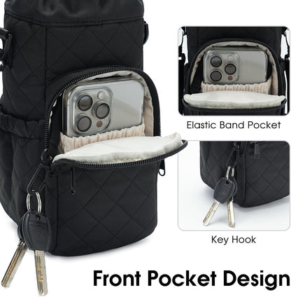 40oz Insulated Crossbody Water Bottle Bag Gym Hiking Phone Pocket | Water-resistant Lining, Padded Strap, Top Handle, Drawstring, Phone Pocket, Elastic Slots, Built-In Key Clip for Gym Walking