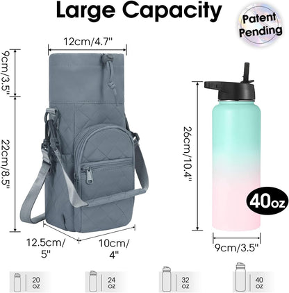 40oz Insulated Crossbody Water Bottle Bag Gym Hiking Phone Pocket | Water-resistant Lining, Padded Strap, Top Handle, Drawstring, Phone Pocket, Elastic Slots, Built-In Key Clip for Gym Walking