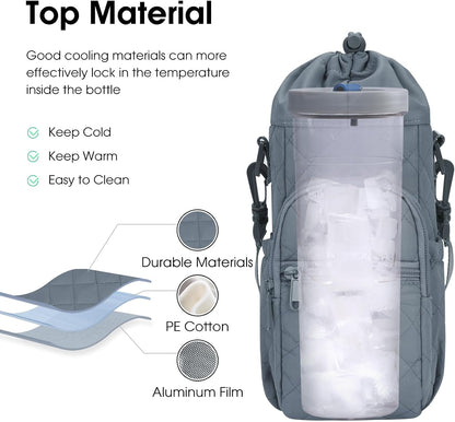 40oz Insulated Crossbody Water Bottle Bag Gym Hiking Phone Pocket | Water-resistant Lining, Padded Strap, Top Handle, Drawstring, Phone Pocket, Elastic Slots, Built-In Key Clip for Gym Walking