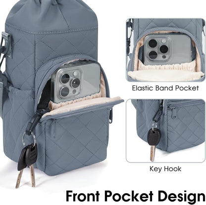 40oz Insulated Crossbody Water Bottle Bag Gym Hiking Phone Pocket | Water-resistant Lining, Padded Strap, Top Handle, Drawstring, Phone Pocket, Elastic Slots, Built-In Key Clip for Gym Walking