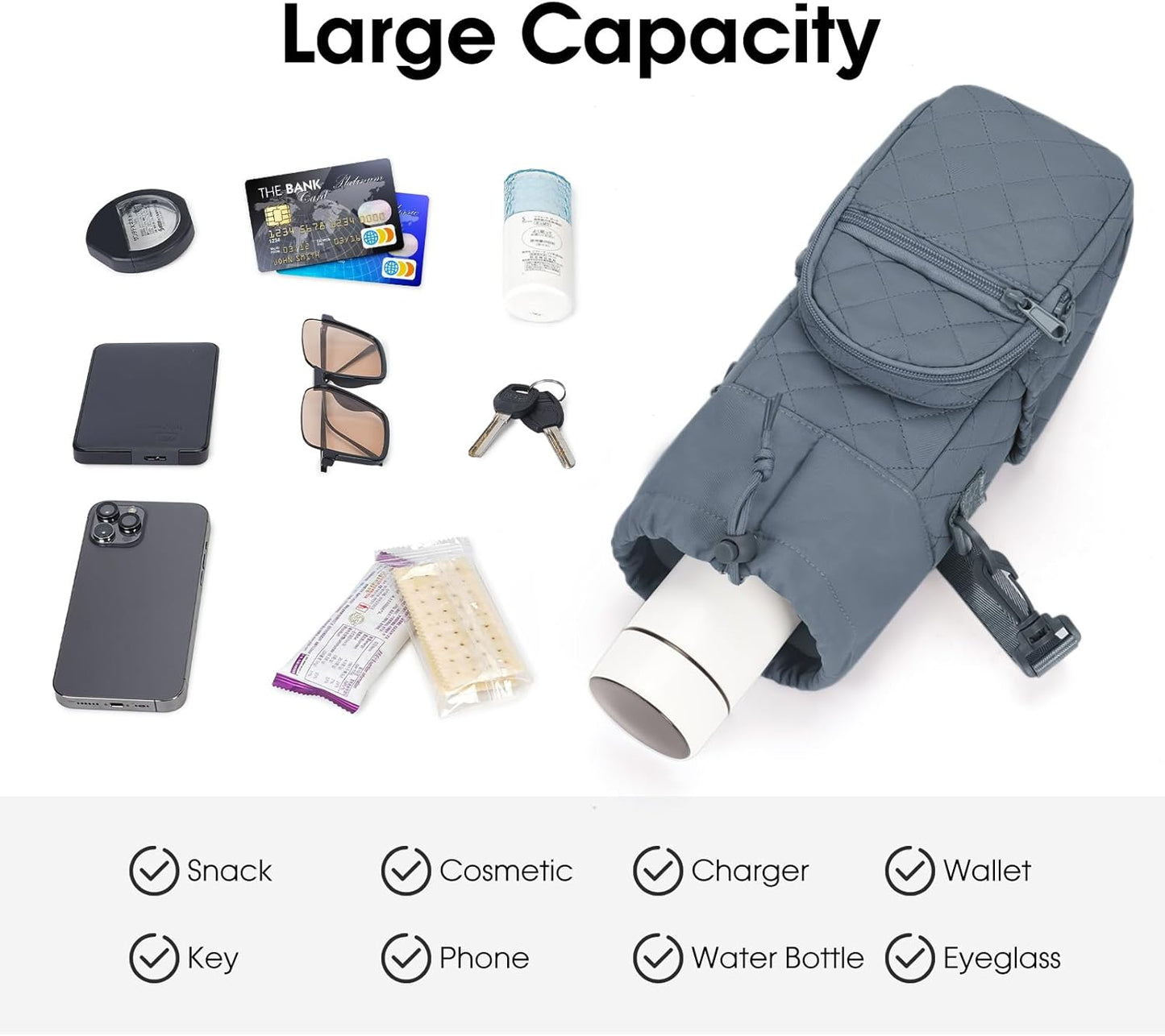 40oz Insulated Crossbody Water Bottle Bag Gym Hiking Phone Pocket | Water-resistant Lining, Padded Strap, Top Handle, Drawstring, Phone Pocket, Elastic Slots, Built-In Key Clip for Gym Walking