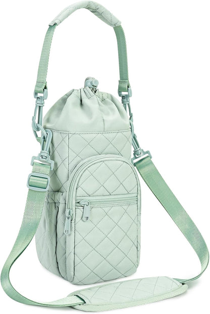 40oz Insulated Crossbody Water Bottle Bag Gym Hiking Phone Pocket | Water-resistant Lining, Padded Strap, Top Handle, Drawstring, Phone Pocket, Elastic Slots, Built-In Key Clip for Gym Walking