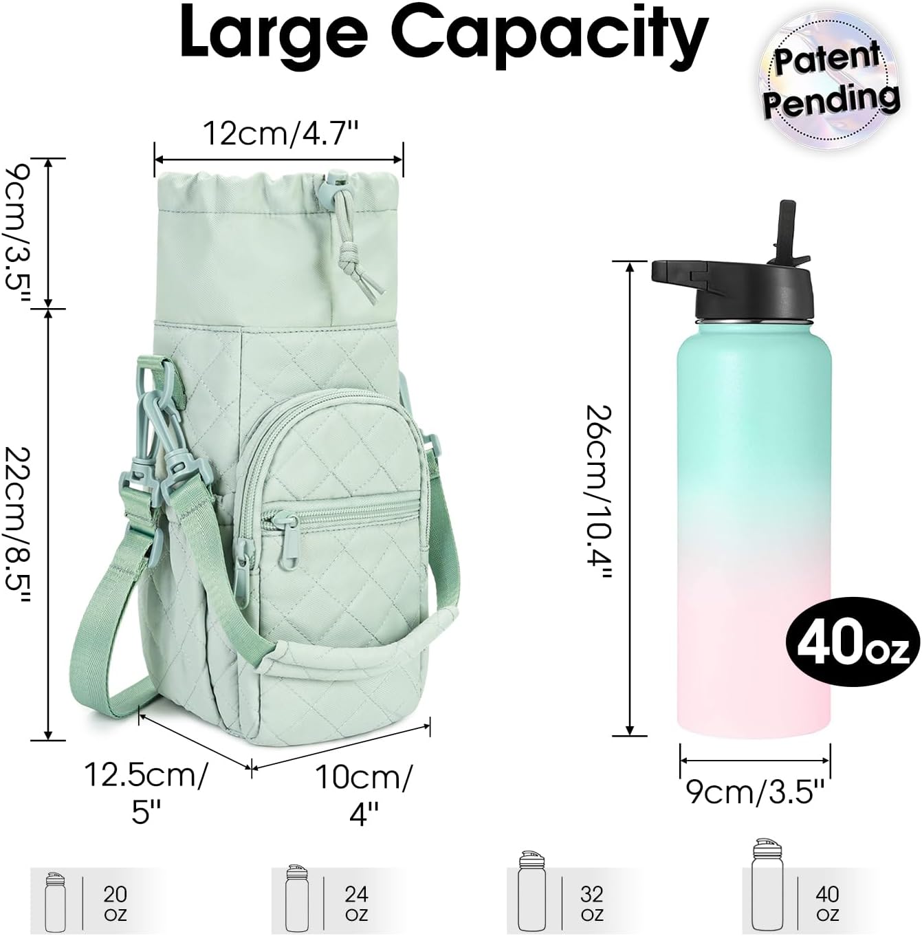 40oz Insulated Crossbody Water Bottle Bag Gym Hiking Phone Pocket | Water-resistant Lining, Padded Strap, Top Handle, Drawstring, Phone Pocket, Elastic Slots, Built-In Key Clip for Gym Walking