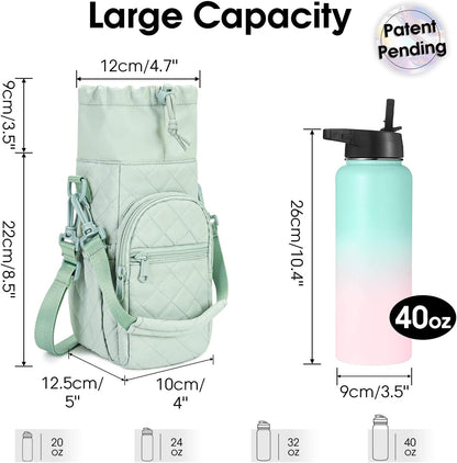 40oz Insulated Crossbody Water Bottle Bag Gym Hiking Phone Pocket | Water-resistant Lining, Padded Strap, Top Handle, Drawstring, Phone Pocket, Elastic Slots, Built-In Key Clip for Gym Walking