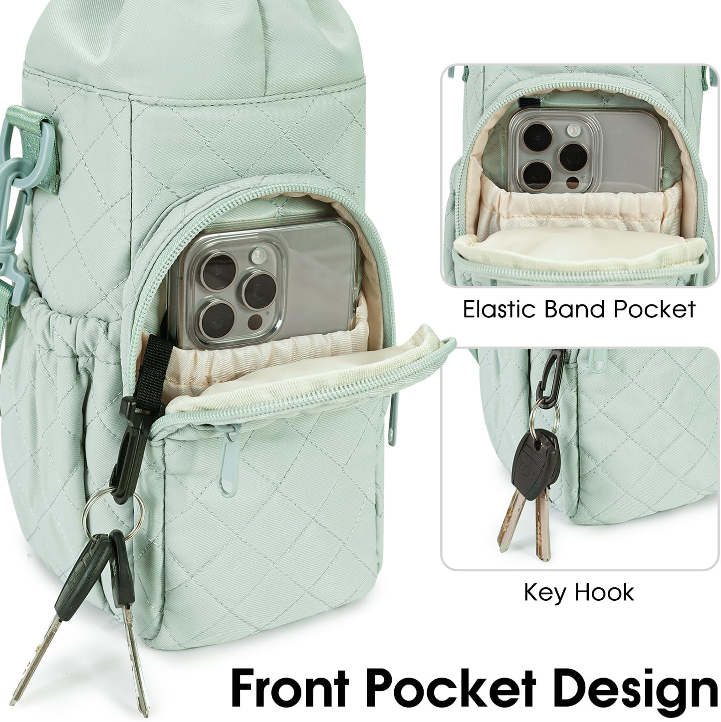 40oz Insulated Crossbody Water Bottle Bag Gym Hiking Phone Pocket | Water-resistant Lining, Padded Strap, Top Handle, Drawstring, Phone Pocket, Elastic Slots, Built-In Key Clip for Gym Walking