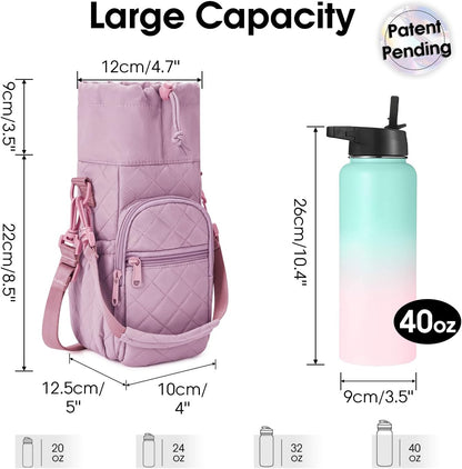 40oz Insulated Crossbody Water Bottle Bag Gym Hiking Phone Pocket | Water-resistant Lining, Padded Strap, Top Handle, Drawstring, Phone Pocket, Elastic Slots, Built-In Key Clip for Gym Walking