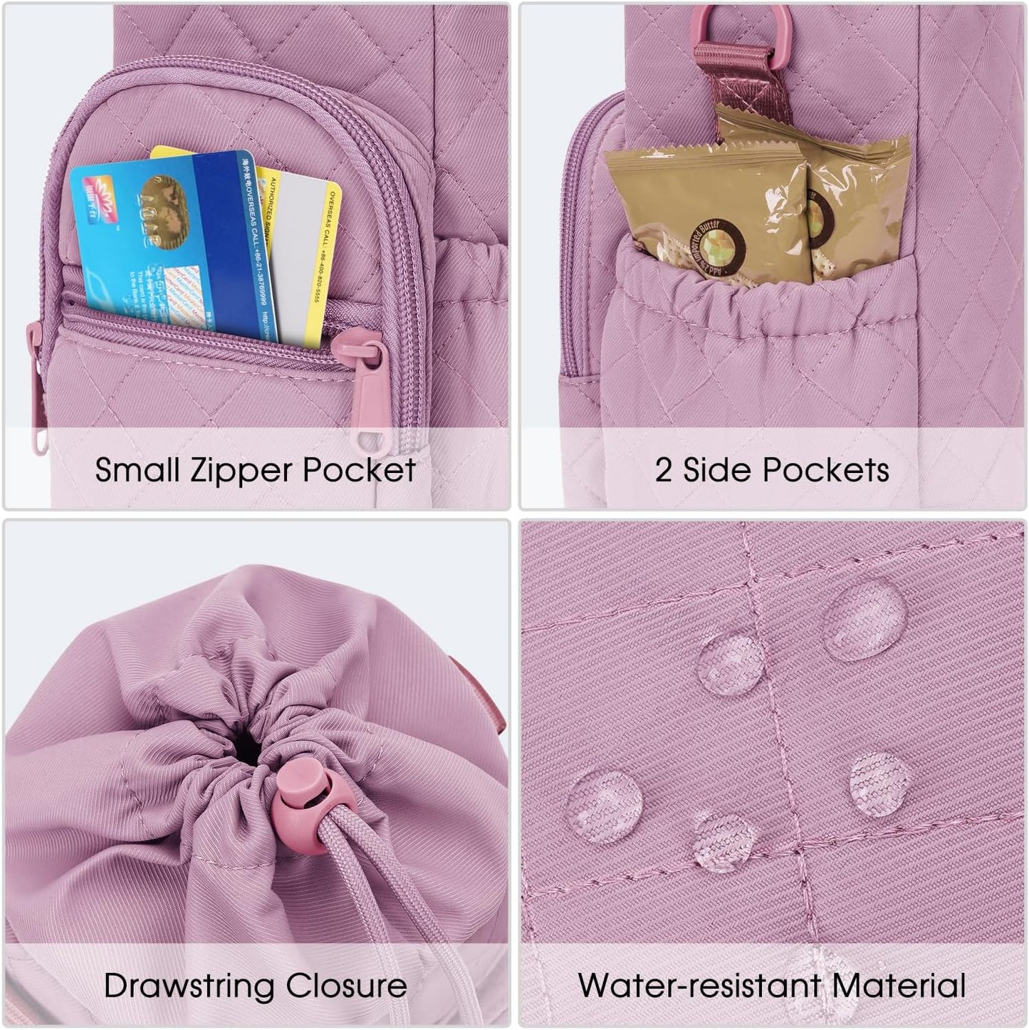 40oz Insulated Crossbody Water Bottle Bag Gym Hiking Phone Pocket | Water-resistant Lining, Padded Strap, Top Handle, Drawstring, Phone Pocket, Elastic Slots, Built-In Key Clip for Gym Walking