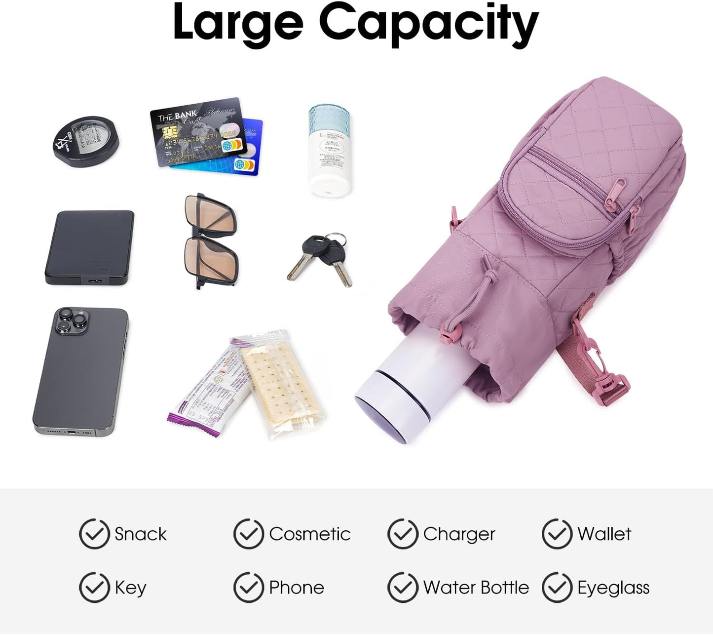 40oz Insulated Crossbody Water Bottle Bag Gym Hiking Phone Pocket | Water-resistant Lining, Padded Strap, Top Handle, Drawstring, Phone Pocket, Elastic Slots, Built-In Key Clip for Gym Walking