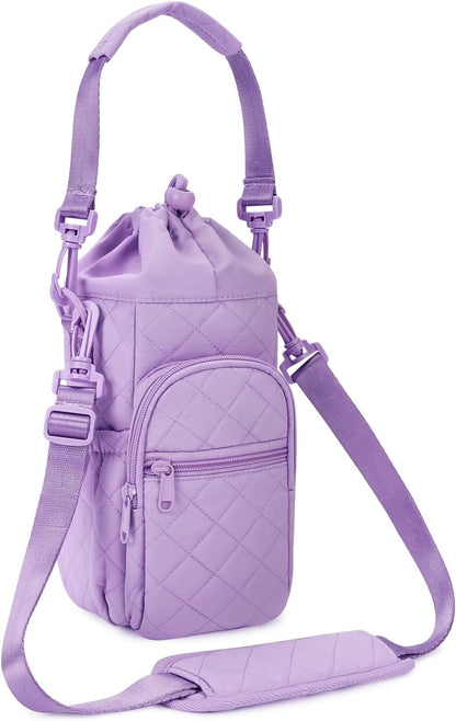 40oz Insulated Crossbody Water Bottle Bag Gym Hiking Phone Pocket | Water-resistant Lining, Padded Strap, Top Handle, Drawstring, Phone Pocket, Elastic Slots, Built-In Key Clip for Gym Walking