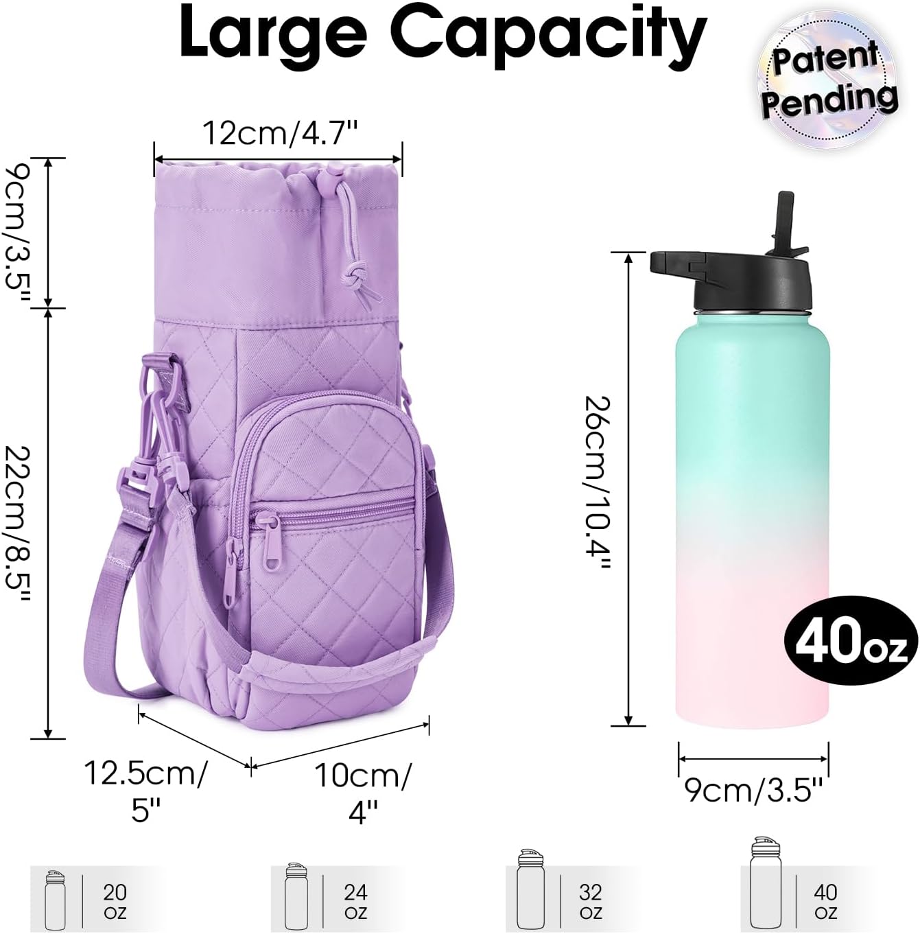 40oz Insulated Crossbody Water Bottle Bag Gym Hiking Phone Pocket | Water-resistant Lining, Padded Strap, Top Handle, Drawstring, Phone Pocket, Elastic Slots, Built-In Key Clip for Gym Walking