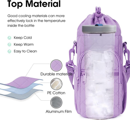40oz Insulated Crossbody Water Bottle Bag Gym Hiking Phone Pocket | Water-resistant Lining, Padded Strap, Top Handle, Drawstring, Phone Pocket, Elastic Slots, Built-In Key Clip for Gym Walking