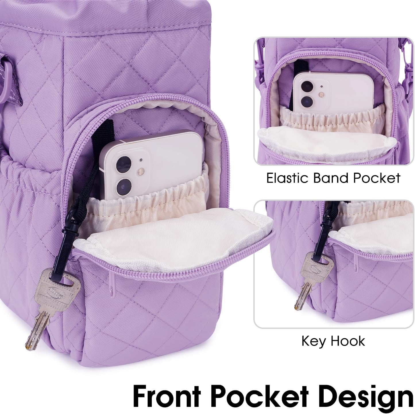 40oz Insulated Crossbody Water Bottle Bag Gym Hiking Phone Pocket | Water-resistant Lining, Padded Strap, Top Handle, Drawstring, Phone Pocket, Elastic Slots, Built-In Key Clip for Gym Walking