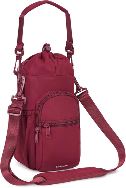 40oz Insulated Crossbody Water Bottle Bag Gym Hiking Phone Pocket | Water-resistant Lining, Padded Strap, Top Handle, Drawstring, Phone Pocket, Elastic Slots, Built-In Key Clip for Gym Walking