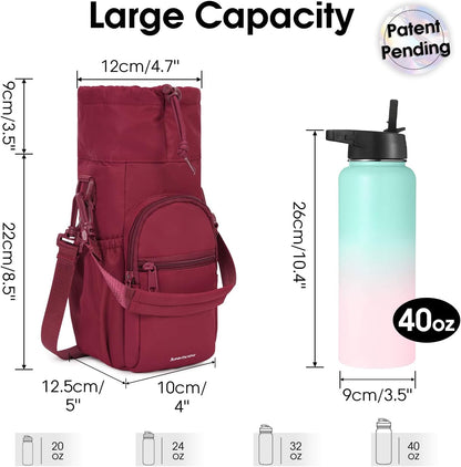 40oz Insulated Crossbody Water Bottle Bag Gym Hiking Phone Pocket | Water-resistant Lining, Padded Strap, Top Handle, Drawstring, Phone Pocket, Elastic Slots, Built-In Key Clip for Gym Walking