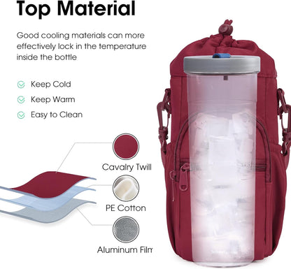 40oz Insulated Crossbody Water Bottle Bag Gym Hiking Phone Pocket | Water-resistant Lining, Padded Strap, Top Handle, Drawstring, Phone Pocket, Elastic Slots, Built-In Key Clip for Gym Walking