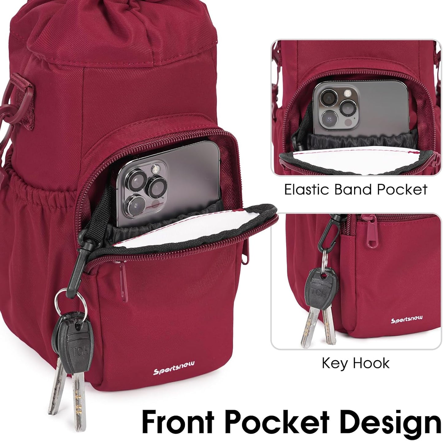 40oz Insulated Crossbody Water Bottle Bag Gym Hiking Phone Pocket | Water-resistant Lining, Padded Strap, Top Handle, Drawstring, Phone Pocket, Elastic Slots, Built-In Key Clip for Gym Walking