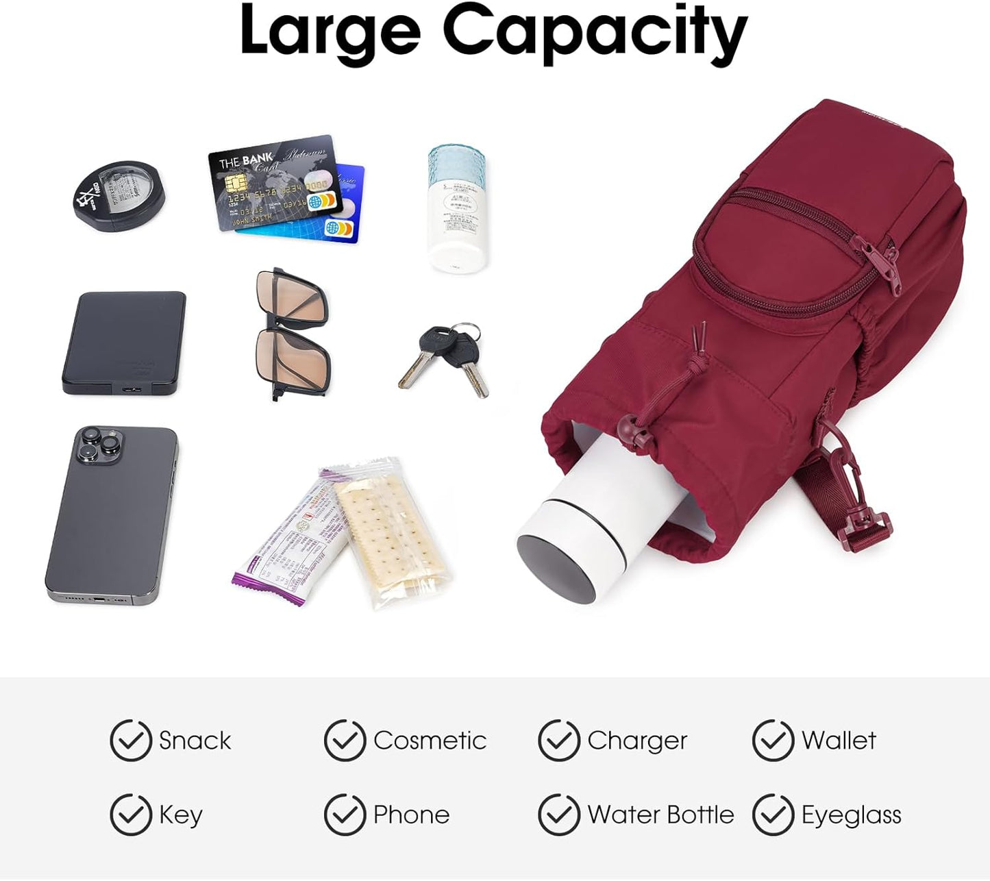 40oz Insulated Crossbody Water Bottle Bag Gym Hiking Phone Pocket | Water-resistant Lining, Padded Strap, Top Handle, Drawstring, Phone Pocket, Elastic Slots, Built-In Key Clip for Gym Walking