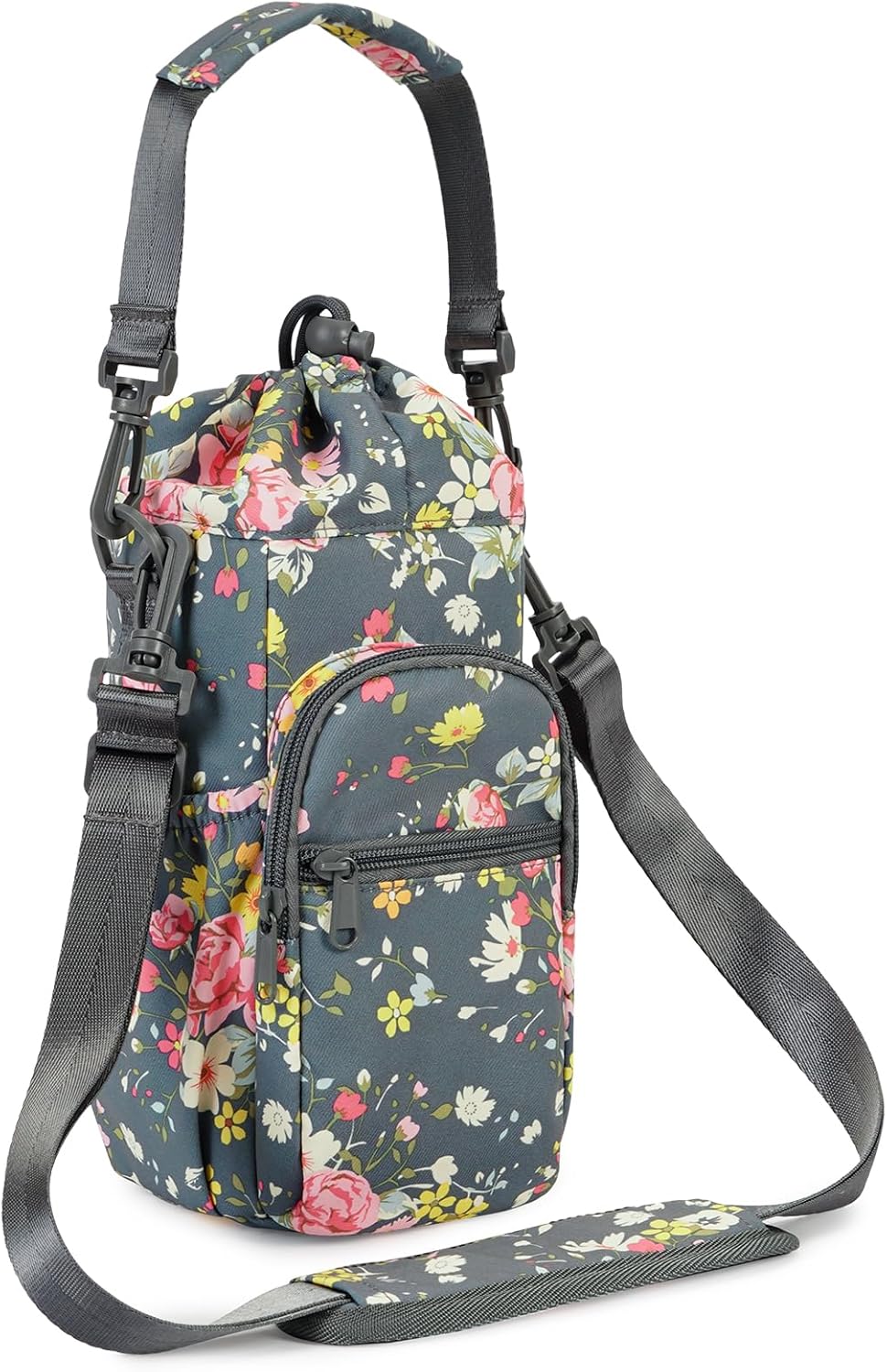 40oz Insulated Crossbody Water Bottle Bag Gym Hiking Phone Pocket | Water-resistant Lining, Padded Strap, Top Handle, Drawstring, Phone Pocket, Elastic Slots, Built-In Key Clip for Gym Walking