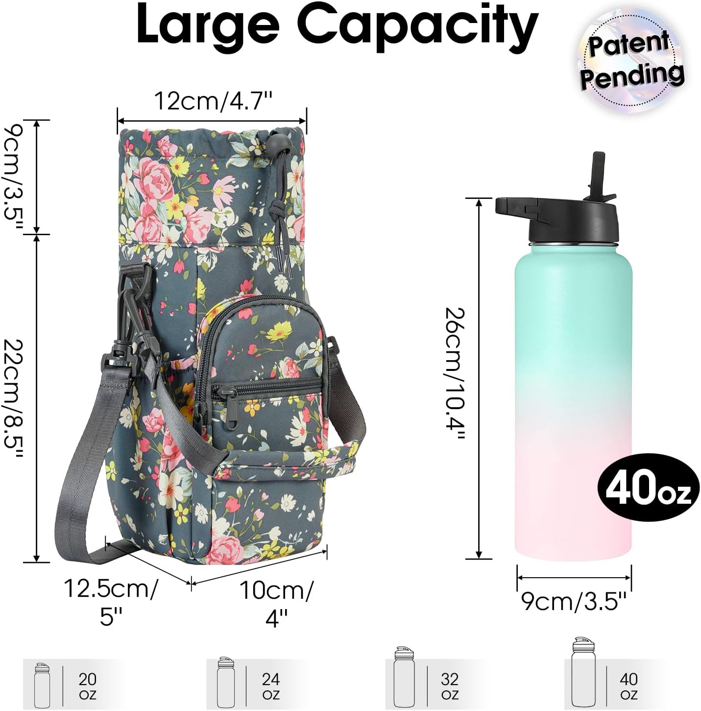 40oz Insulated Crossbody Water Bottle Bag Gym Hiking Phone Pocket | Water-resistant Lining, Padded Strap, Top Handle, Drawstring, Phone Pocket, Elastic Slots, Built-In Key Clip for Gym Walking