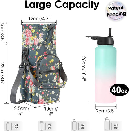 40oz Insulated Crossbody Water Bottle Bag Gym Hiking Phone Pocket | Water-resistant Lining, Padded Strap, Top Handle, Drawstring, Phone Pocket, Elastic Slots, Built-In Key Clip for Gym Walking