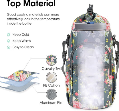 40oz Insulated Crossbody Water Bottle Bag Gym Hiking Phone Pocket | Water-resistant Lining, Padded Strap, Top Handle, Drawstring, Phone Pocket, Elastic Slots, Built-In Key Clip for Gym Walking