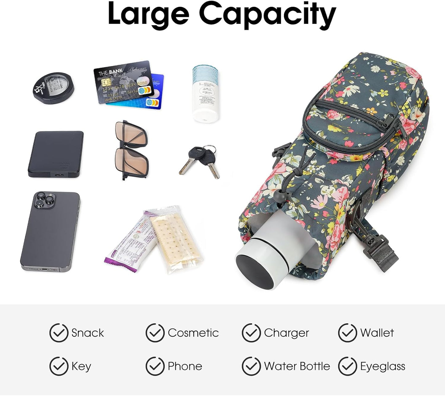40oz Insulated Crossbody Water Bottle Bag Gym Hiking Phone Pocket | Water-resistant Lining, Padded Strap, Top Handle, Drawstring, Phone Pocket, Elastic Slots, Built-In Key Clip for Gym Walking
