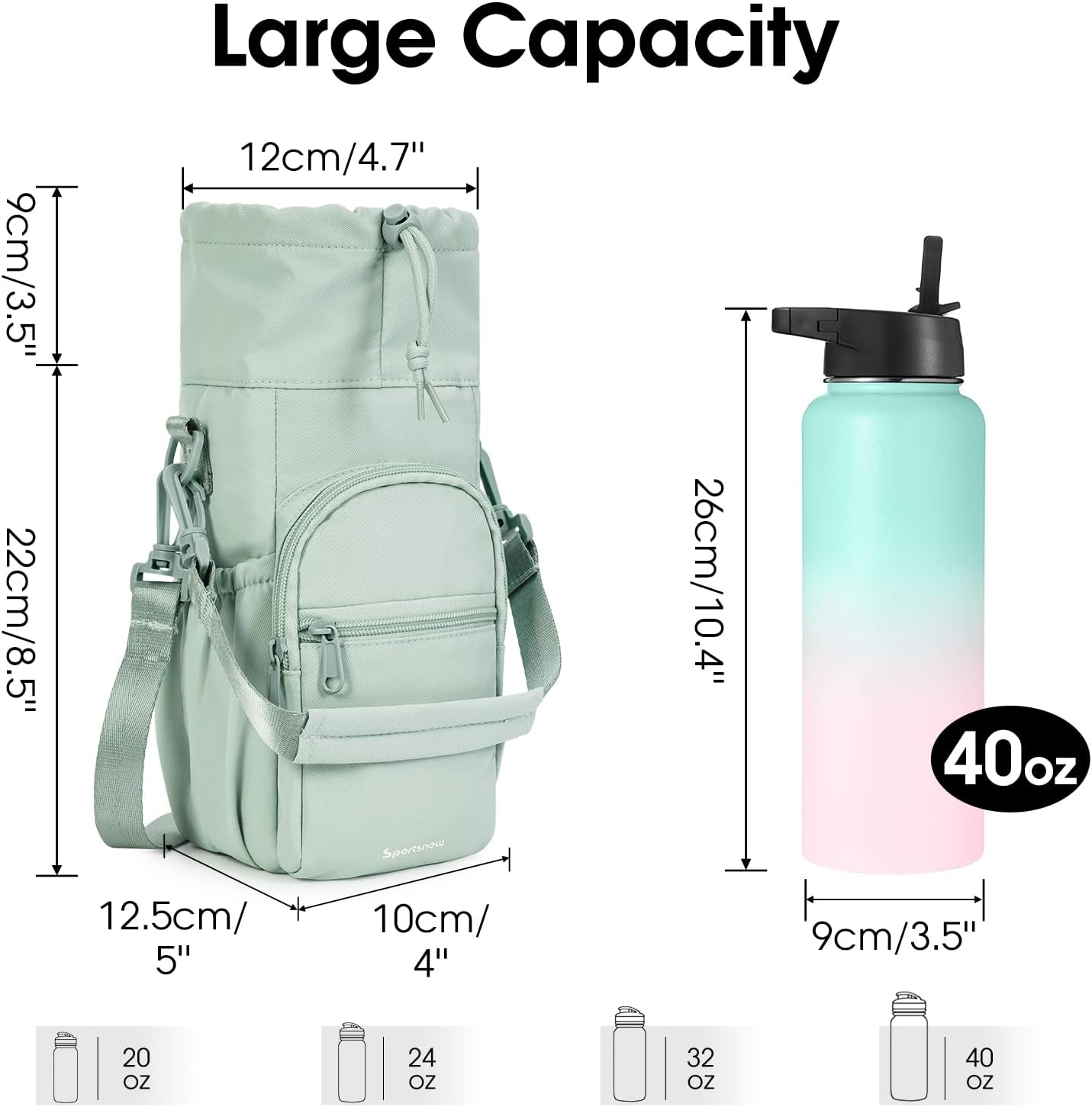 40oz Insulated Crossbody Water Bottle Bag Gym Hiking Phone Pocket | Water-resistant Lining, Padded Strap, Top Handle, Drawstring, Phone Pocket, Elastic Slots, Built-In Key Clip for Gym Walking