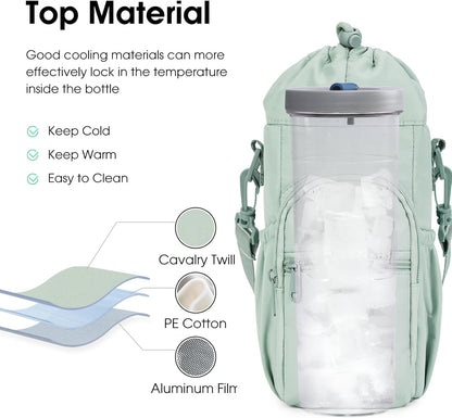 40oz Insulated Crossbody Water Bottle Bag Gym Hiking Phone Pocket | Water-resistant Lining, Padded Strap, Top Handle, Drawstring, Phone Pocket, Elastic Slots, Built-In Key Clip for Gym Walking