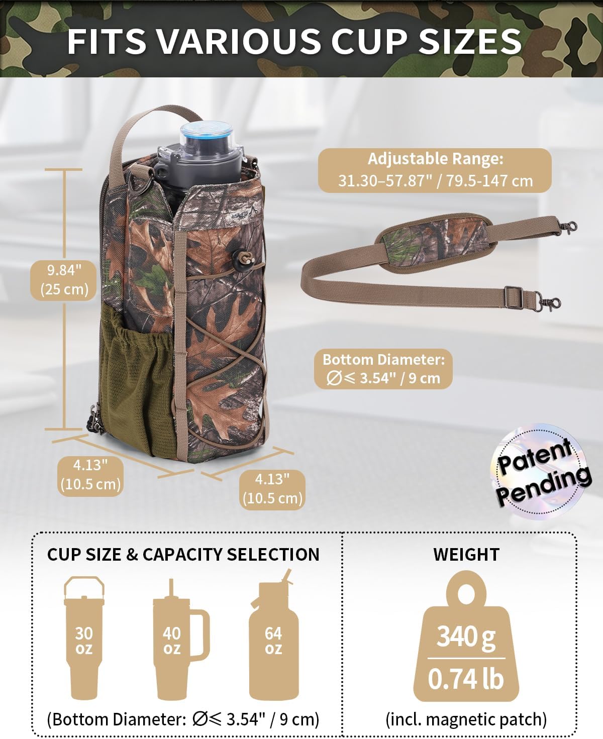 40oz Insulated Crossbody Water Bottle Bag Gym Hiking Phone Pocket | Water-resistant Lining, Padded Strap, Top Handle, Drawstring, Phone Pocket, Elastic Slots, Built-In Key Clip for Gym Walking