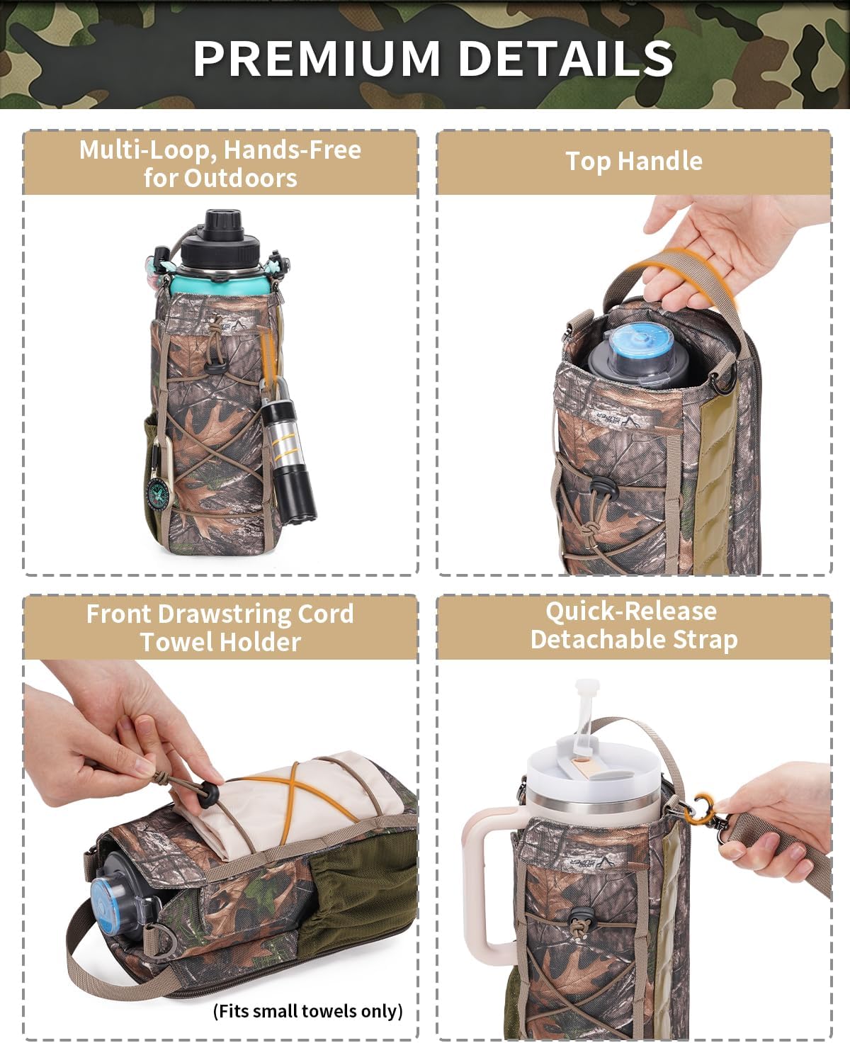 40oz Insulated Crossbody Water Bottle Bag Gym Hiking Phone Pocket | Water-resistant Lining, Padded Strap, Top Handle, Drawstring, Phone Pocket, Elastic Slots, Built-In Key Clip for Gym Walking