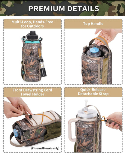 40oz Insulated Crossbody Water Bottle Bag Gym Hiking Phone Pocket | Water-resistant Lining, Padded Strap, Top Handle, Drawstring, Phone Pocket, Elastic Slots, Built-In Key Clip for Gym Walking