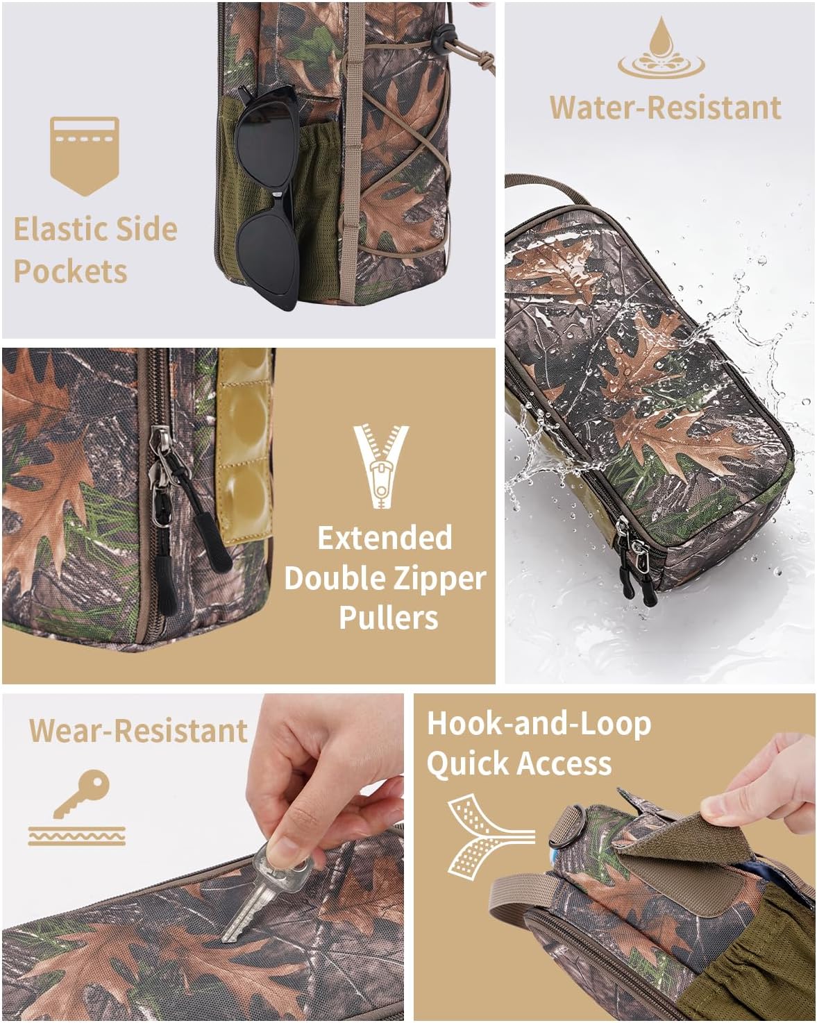 40oz Insulated Crossbody Water Bottle Bag Gym Hiking Phone Pocket | Water-resistant Lining, Padded Strap, Top Handle, Drawstring, Phone Pocket, Elastic Slots, Built-In Key Clip for Gym Walking