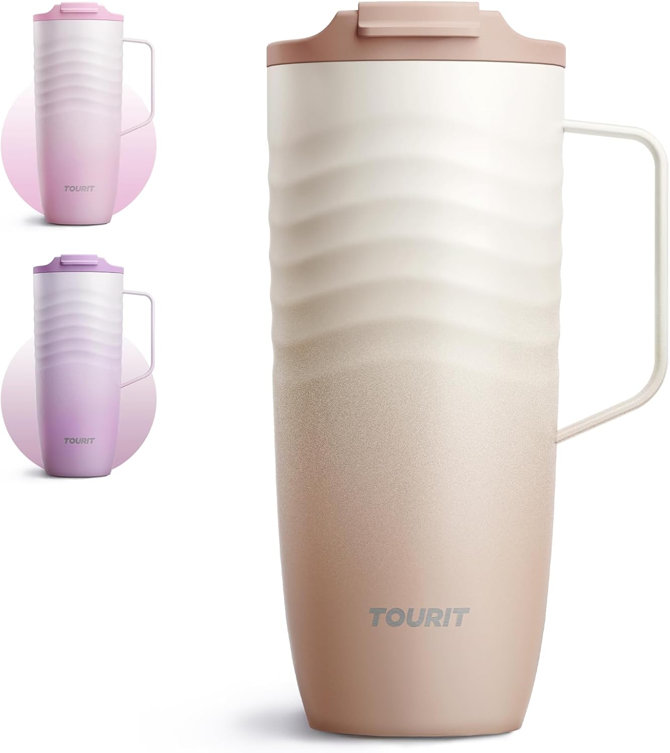 16 oz Insulated Travel Coffee Mug Stainless Steel Tumbler, Khaki | Vacuum insulated travel mug with ripple-wave anti-slip grip, leakproof lid & silicone bottom, fits standard car cup holders