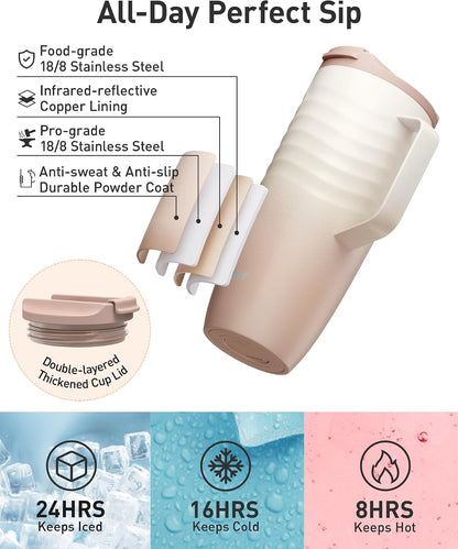 16 oz Insulated Travel Coffee Mug Stainless Steel Tumbler, Khaki | Vacuum insulated travel mug with ripple-wave anti-slip grip, leakproof lid & silicone bottom, fits standard car cup holders