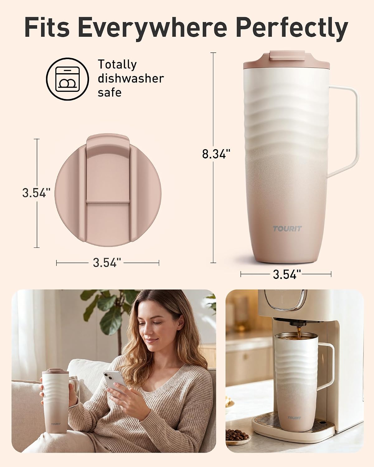 16 oz Insulated Travel Coffee Mug Stainless Steel Tumbler, Khaki | Vacuum insulated travel mug with ripple-wave anti-slip grip, leakproof lid & silicone bottom, fits standard car cup holders