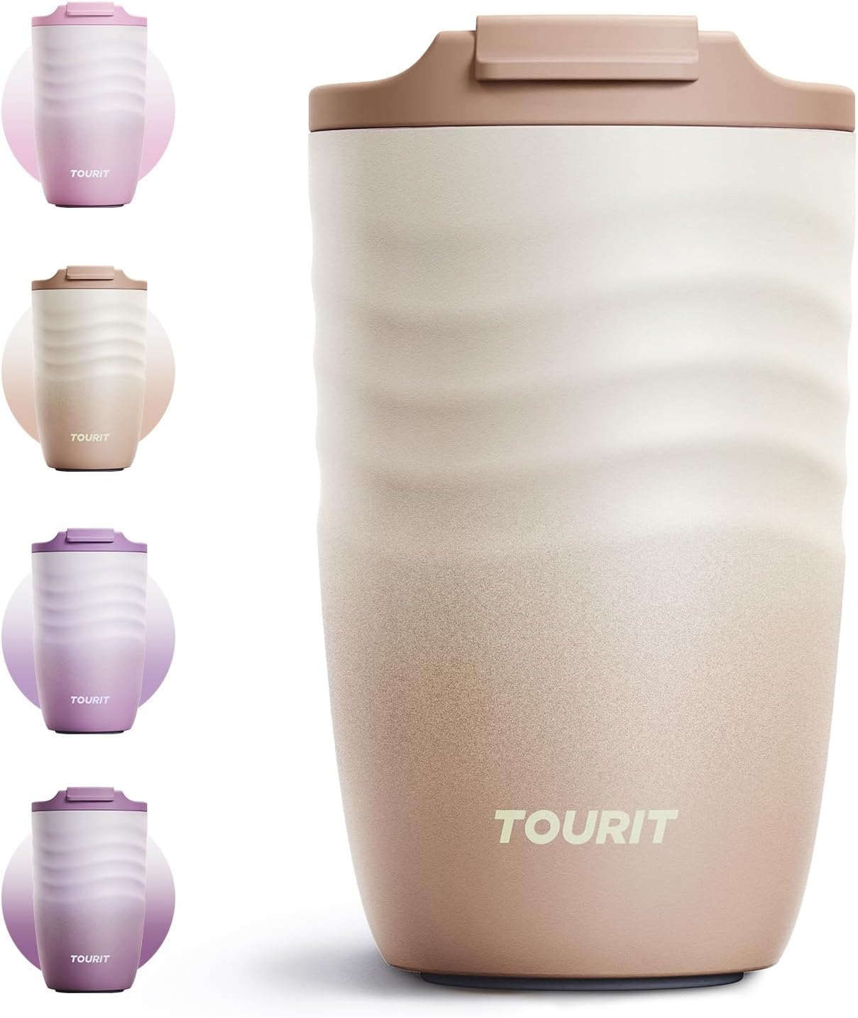 16 oz Insulated Travel Coffee Mug Stainless Steel Tumbler, Khaki | Vacuum insulated travel mug with ripple-wave anti-slip grip, leakproof lid & silicone bottom, fits standard car cup holders