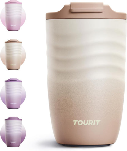 16 oz Insulated Travel Coffee Mug Stainless Steel Tumbler, Khaki | Vacuum insulated travel mug with ripple-wave anti-slip grip, leakproof lid & silicone bottom, fits standard car cup holders
