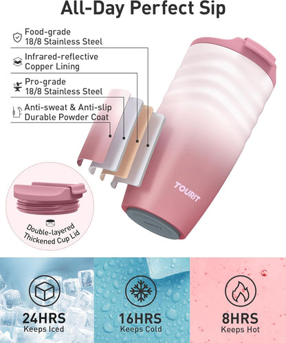 16 oz Insulated Travel Coffee Mug Stainless Steel Tumbler, Khaki | Vacuum insulated travel mug with ripple-wave anti-slip grip, leakproof lid & silicone bottom, fits standard car cup holders