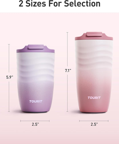 16 oz Insulated Travel Coffee Mug Stainless Steel Tumbler, Khaki | Vacuum insulated travel mug with ripple-wave anti-slip grip, leakproof lid & silicone bottom, fits standard car cup holders