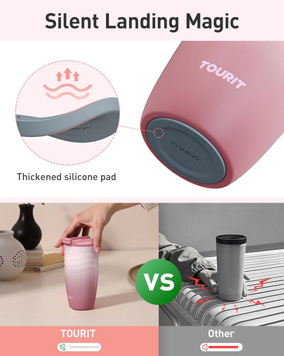 16 oz Insulated Travel Coffee Mug Stainless Steel Tumbler, Khaki | Vacuum insulated travel mug with ripple-wave anti-slip grip, leakproof lid & silicone bottom, fits standard car cup holders