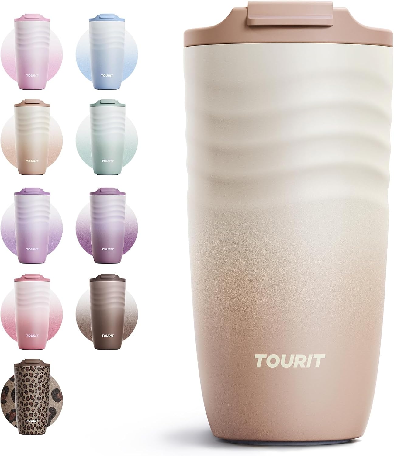 16 oz Insulated Travel Coffee Mug Stainless Steel Tumbler, Khaki | Vacuum insulated travel mug with ripple-wave anti-slip grip, leakproof lid & silicone bottom, fits standard car cup holders