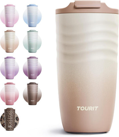 16 oz Insulated Travel Coffee Mug Stainless Steel Tumbler, Khaki | Vacuum insulated travel mug with ripple-wave anti-slip grip, leakproof lid & silicone bottom, fits standard car cup holders