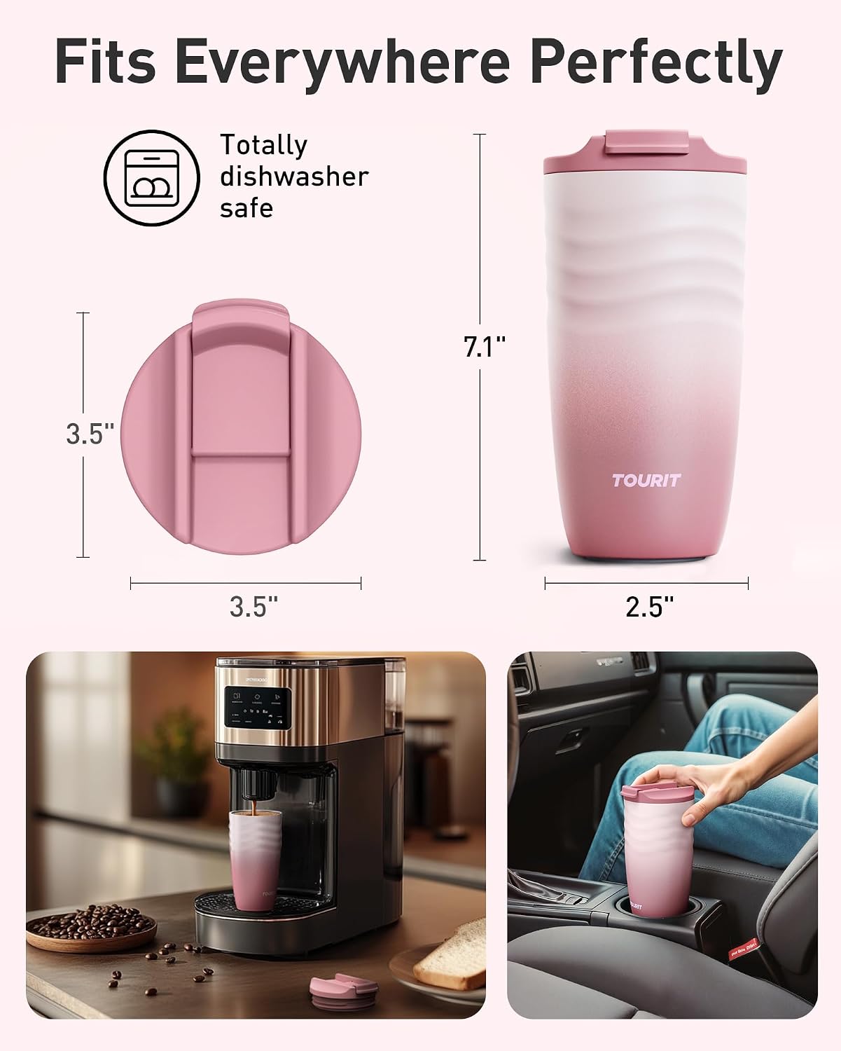 16 oz Insulated Travel Coffee Mug Stainless Steel Tumbler, Khaki | Vacuum insulated travel mug with ripple-wave anti-slip grip, leakproof lid & silicone bottom, fits standard car cup holders