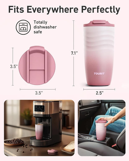 16 oz Insulated Travel Coffee Mug Stainless Steel Tumbler, Khaki | Vacuum insulated travel mug with ripple-wave anti-slip grip, leakproof lid & silicone bottom, fits standard car cup holders