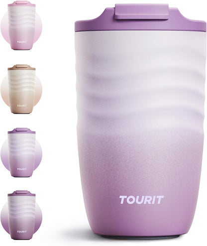 16 oz Insulated Travel Coffee Mug Stainless Steel Tumbler, Khaki | Vacuum insulated travel mug with ripple-wave anti-slip grip, leakproof lid & silicone bottom, fits standard car cup holders