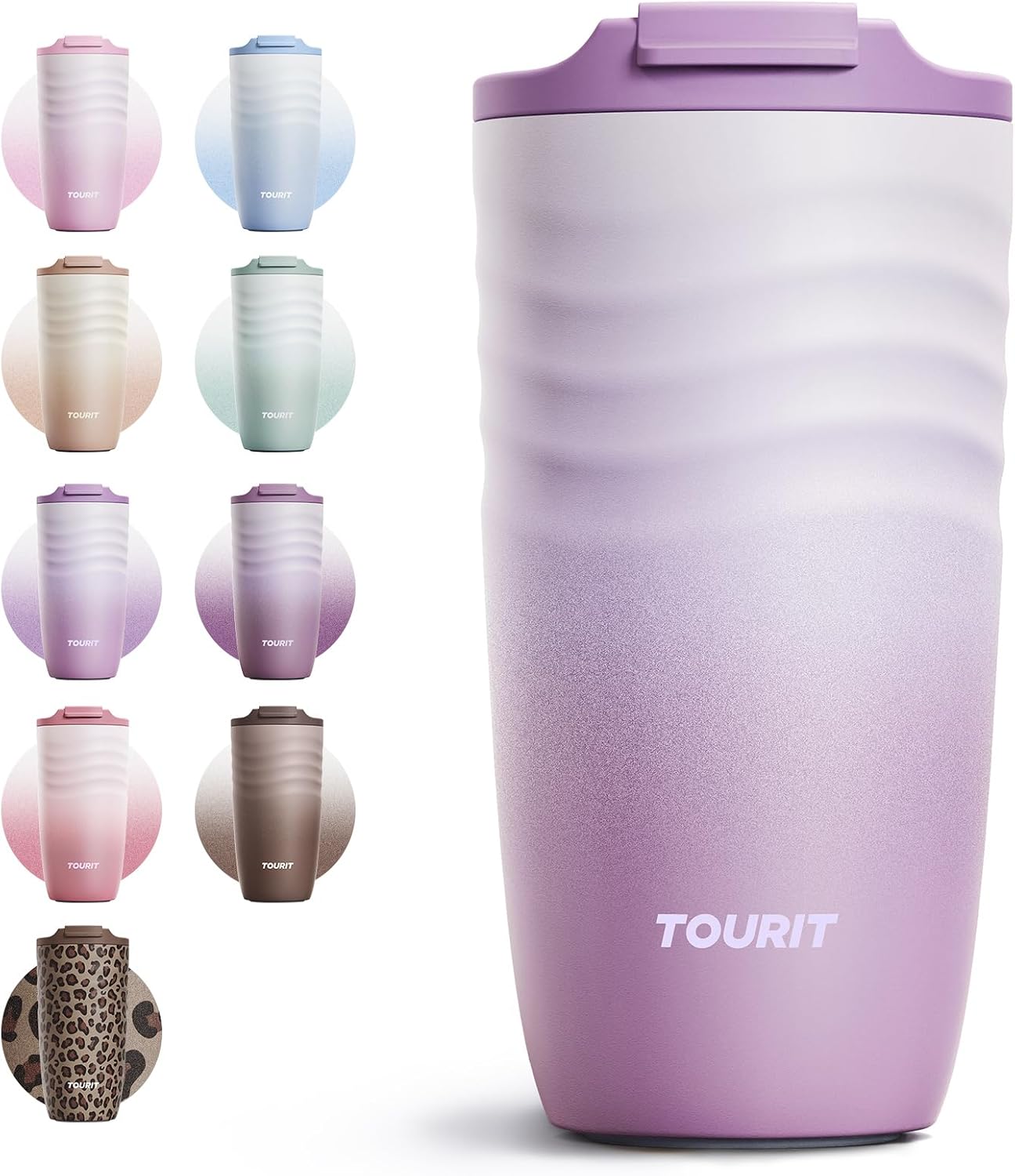 16 oz Insulated Travel Coffee Mug Stainless Steel Tumbler, Khaki | Vacuum insulated travel mug with ripple-wave anti-slip grip, leakproof lid & silicone bottom, fits standard car cup holders