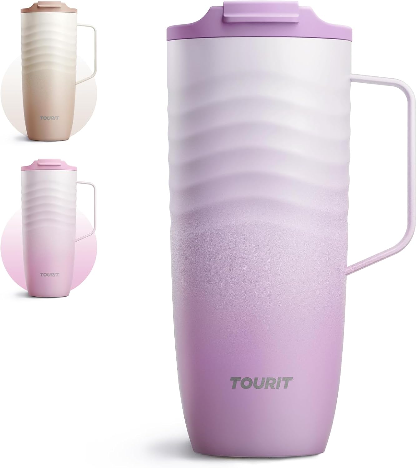 16 oz Insulated Travel Coffee Mug Stainless Steel Tumbler, Khaki | Vacuum insulated travel mug with ripple-wave anti-slip grip, leakproof lid & silicone bottom, fits standard car cup holders