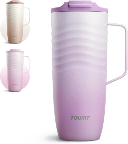 16 oz Insulated Travel Coffee Mug Stainless Steel Tumbler, Khaki | Vacuum insulated travel mug with ripple-wave anti-slip grip, leakproof lid & silicone bottom, fits standard car cup holders
