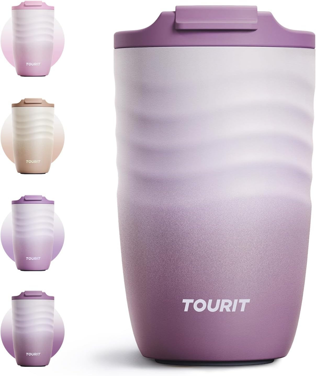 16 oz Insulated Travel Coffee Mug Stainless Steel Tumbler, Khaki | Vacuum insulated travel mug with ripple-wave anti-slip grip, leakproof lid & silicone bottom, fits standard car cup holders